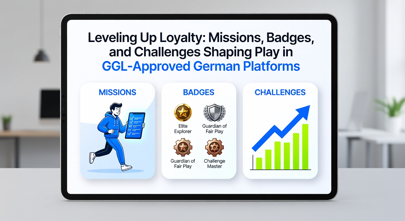 Detaillierte Ansicht eines Level-Up-Menüs mit glänzenden Abzeichen, Punkteanzeige und anstehenden Challenges auf einer GGL-konformen Casino-Plattform