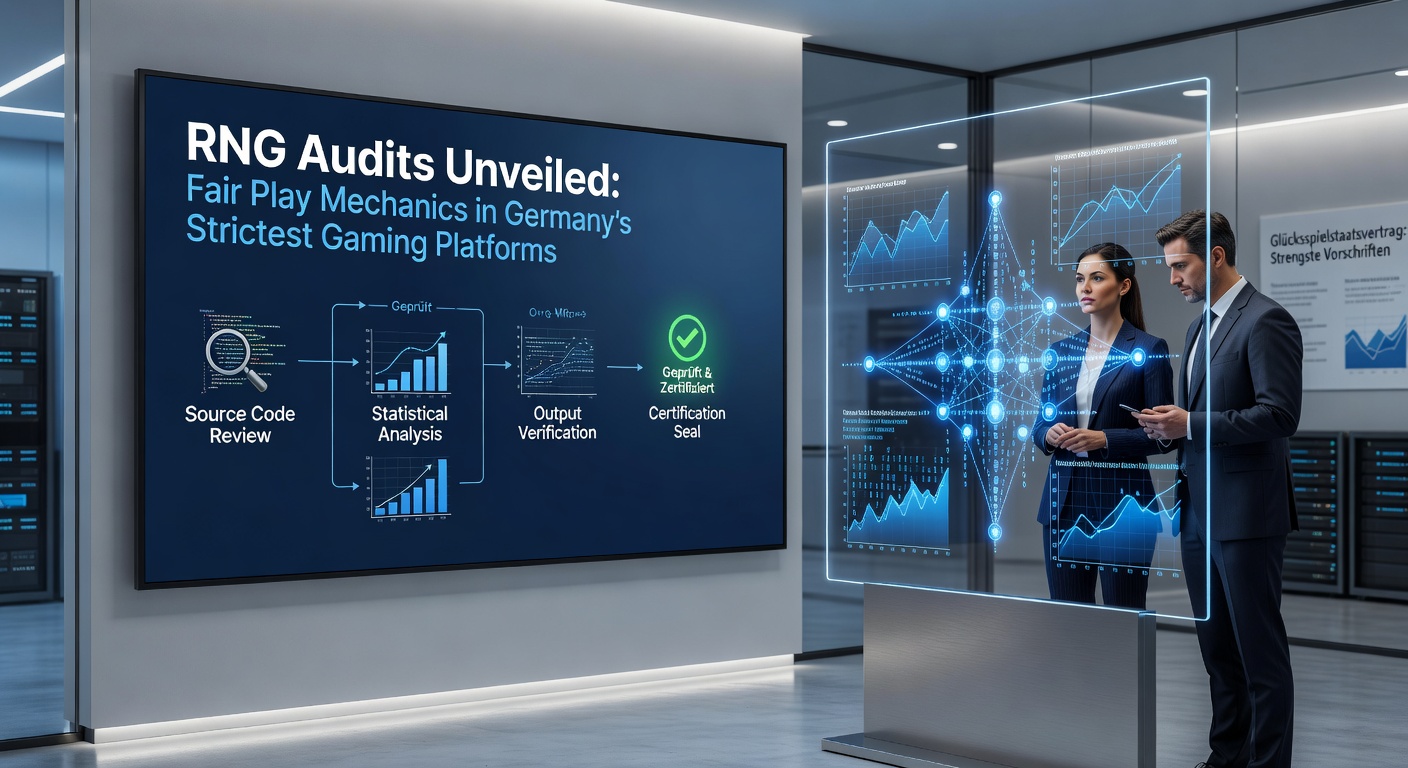Grafik eines RNG-Audits in Aktion, mit Zufallsgenerator-Symbolen und Prüfsiegeln auf einem Gaming-Monitor