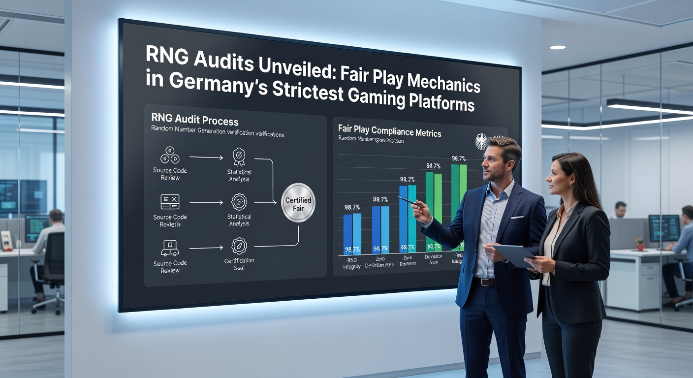 Detaillierte Darstellung eines Audit-Prozesses mit Diagrammen, Zertifikaten und RNG-Algorithmus-Visualisierungen