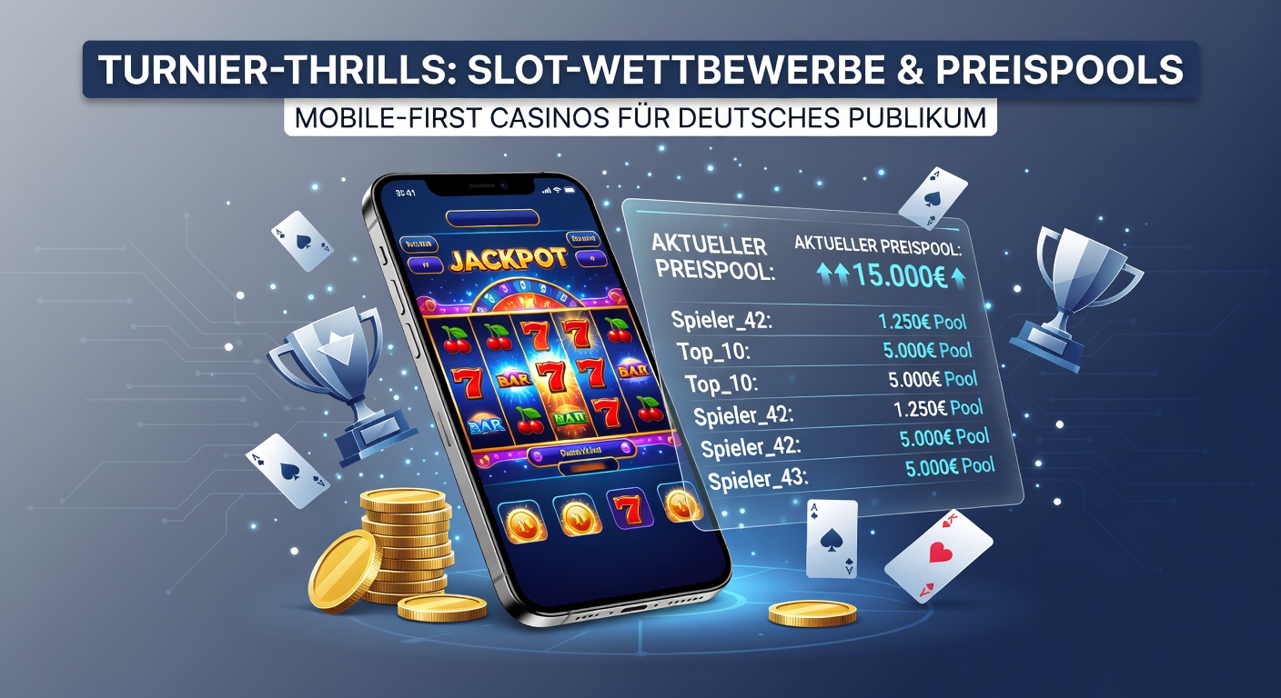 Leuchtende Slot-Maschinen mit Turnier-Bannern auf einem Smartphone-Bildschirm, umgeben von Preistrophäen und jubelnden Spielern